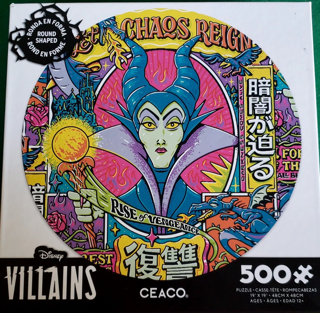 Stylized pop-art portrait of Maleficent holding her staff, surrounded by flames, dragons, and text in a circular frame.