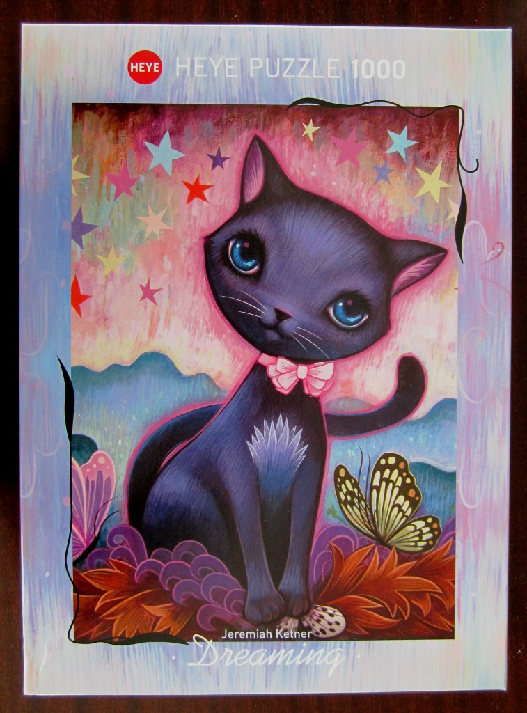 An illustration of a large-eyed black cat sitting in a surreal, starry landscape with a butterfly.