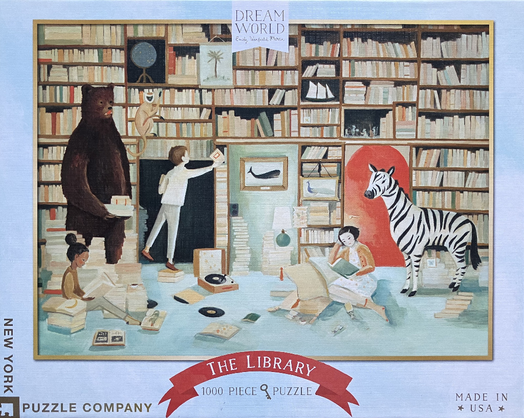 An illustration of a whimsical library featuring a bear, a zebra, and people surrounded by stacks of books.