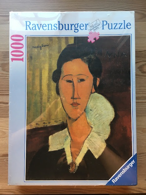 Oil painting portrait of a woman with an elongated face and a white ruffle collar by Modigliani.