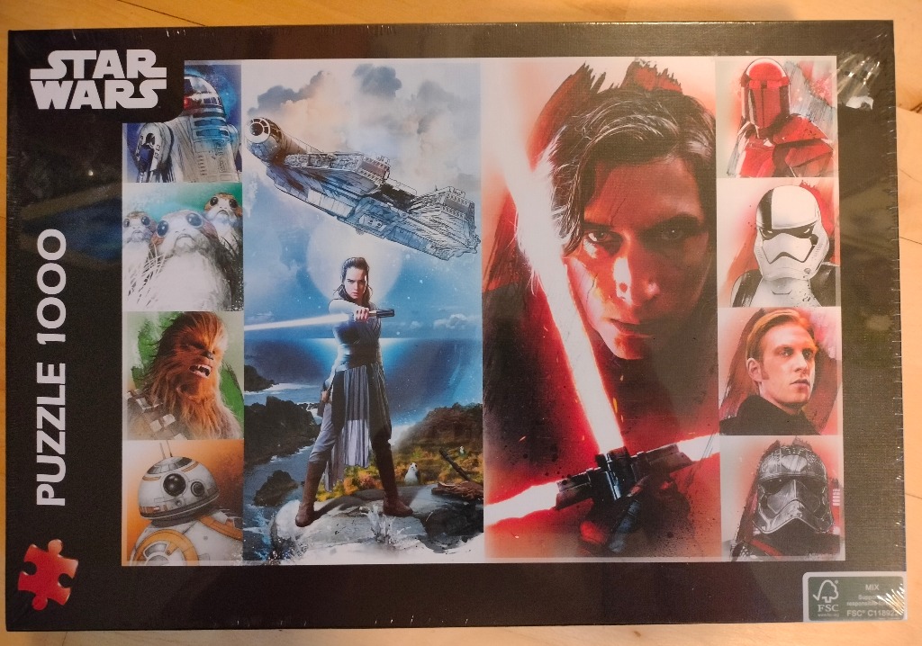 Star Wars themed collage with Rey and Kylo Ren centered amidst iconic characters and ships.