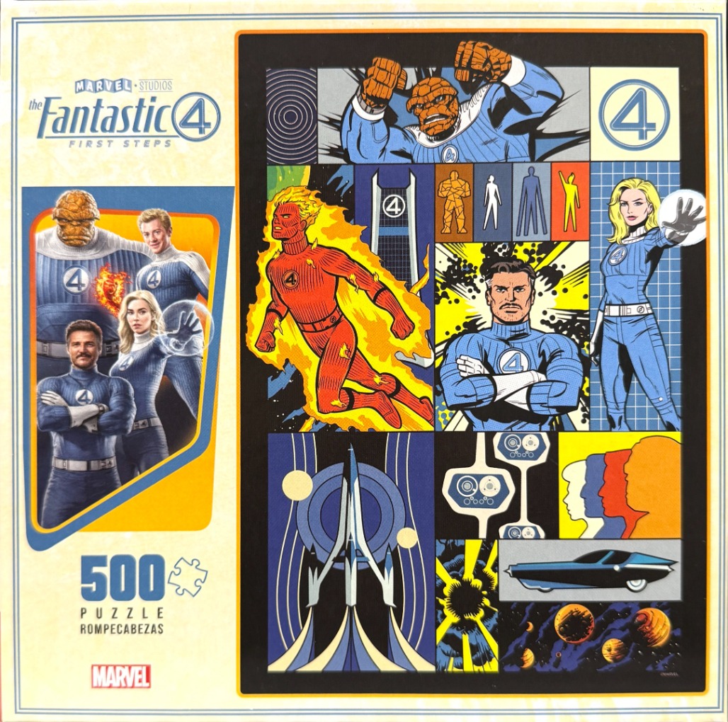 A montage of Fantastic Four imagery including a realistic photo on the left and a retro-style comic book panel grid.