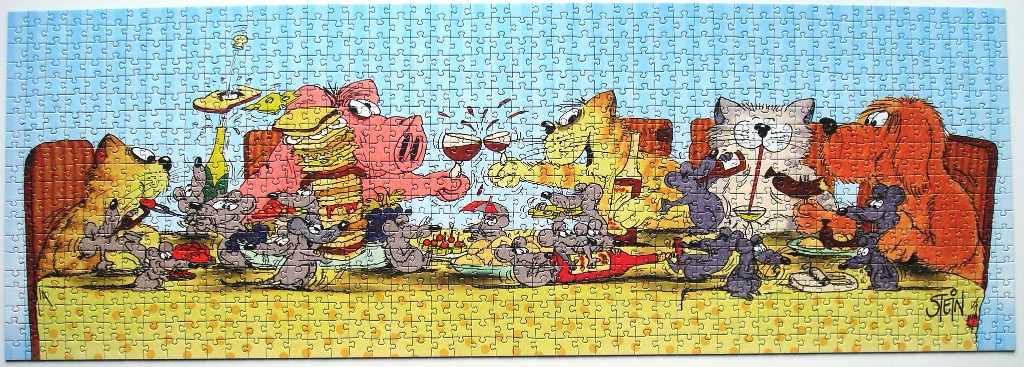 Cartoon illustration of a pig, cats, a dog, and several mice enjoying a feast at a dinner table.