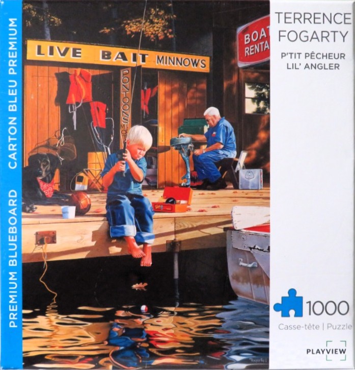A young boy fishing from a wooden dock while an older man works on a boat motor in the background.