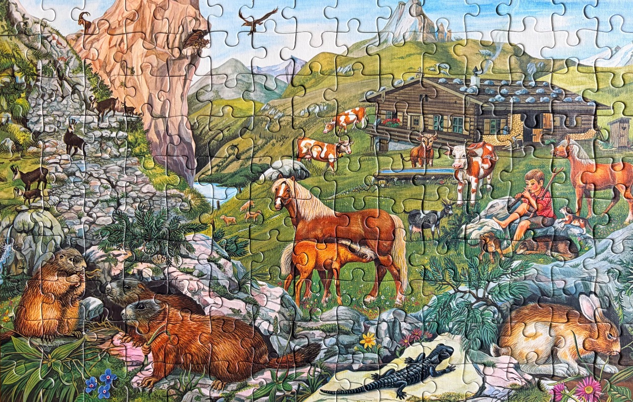 A detailed illustration of an alpine meadow scene featuring various wildlife and farm animals near a mountain cabin.