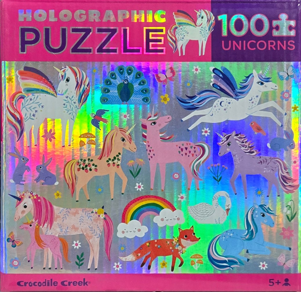 Whimsical illustration featuring multiple unicorns, small animals, and nature motifs on a shimmering holographic background.