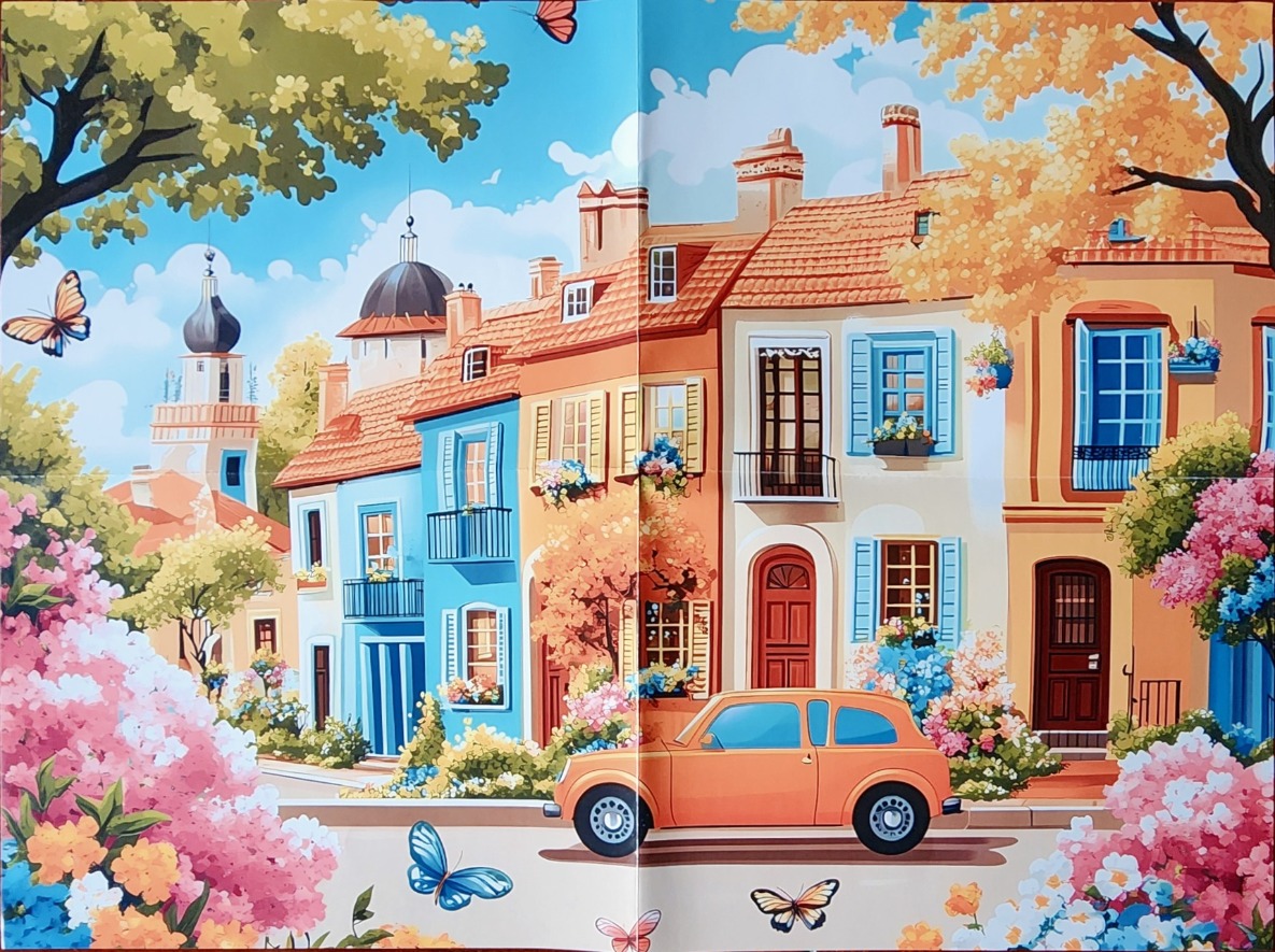An orange vintage car parked on a quiet European-style street lined with colorful houses and abundant flowers.