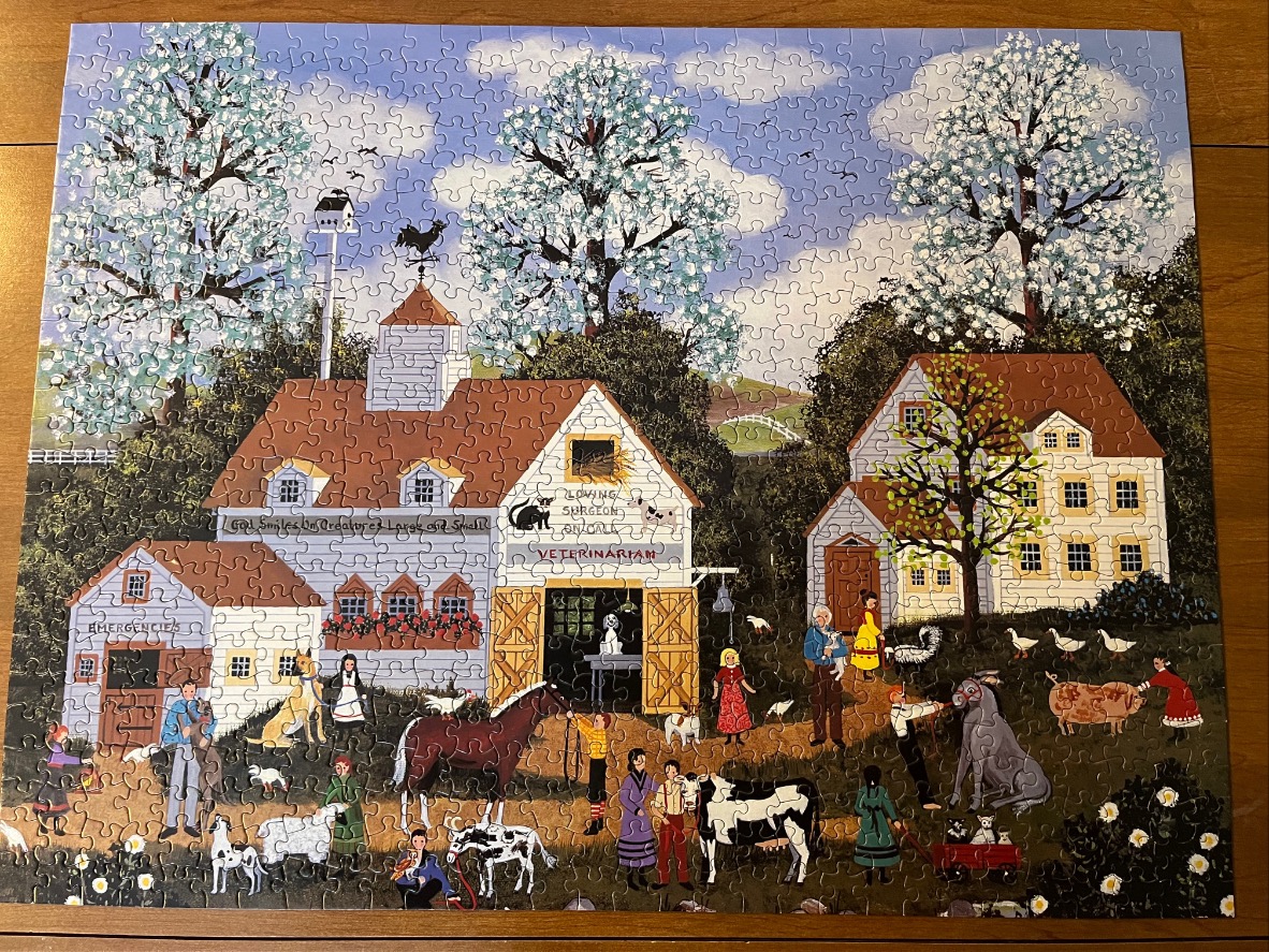 Folk art scene of a busy rural veterinary clinic surrounded by people and farm animals under blossoming trees.