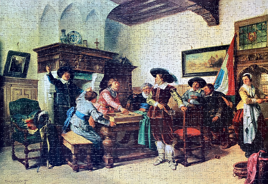 A group of 17th-century figures gathering around a table for a game in an old tavern or room.