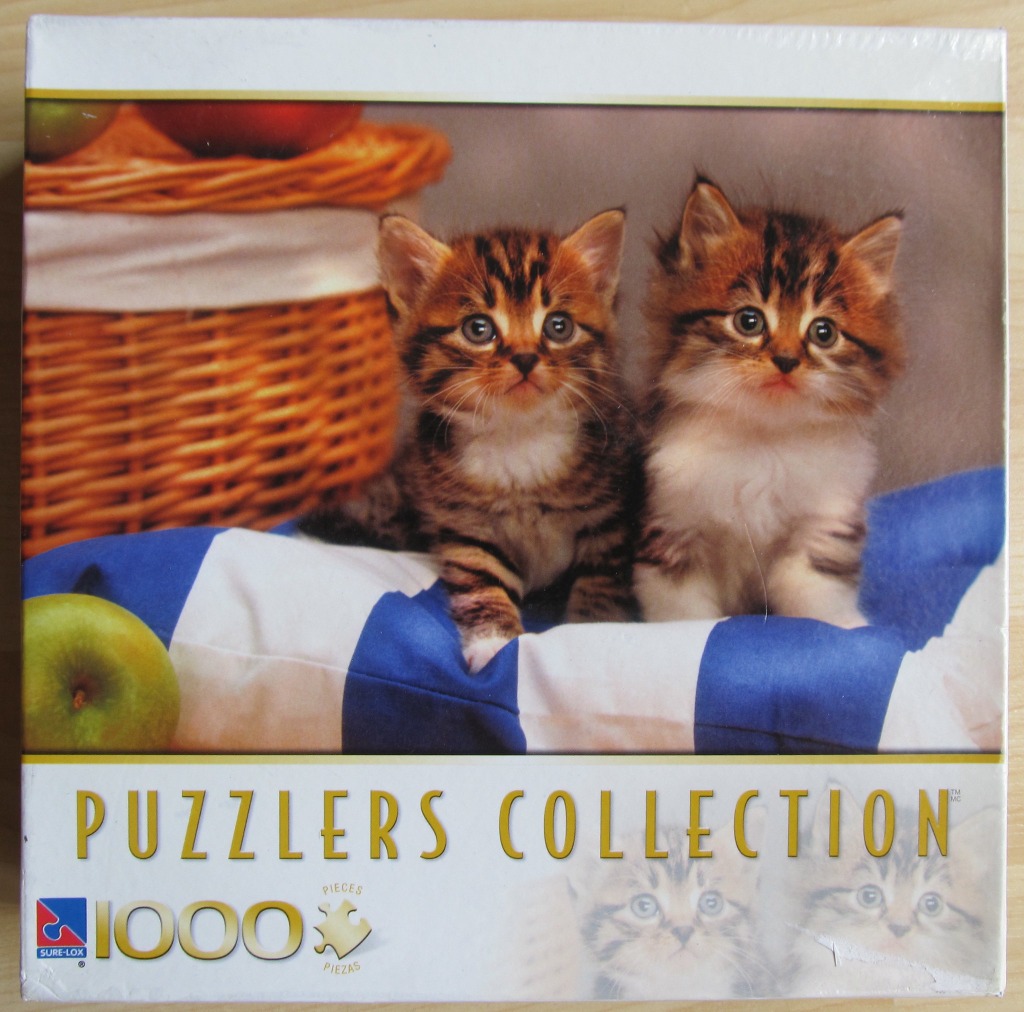 Two fluffy tabby kittens sitting on a blue and white blanket next to a wicker basket of fruit.