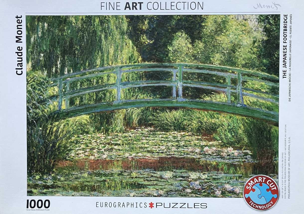 The Japanese Footbridge by Claude Monet, an impressionist oil painting of a garden pond with a green bridge.