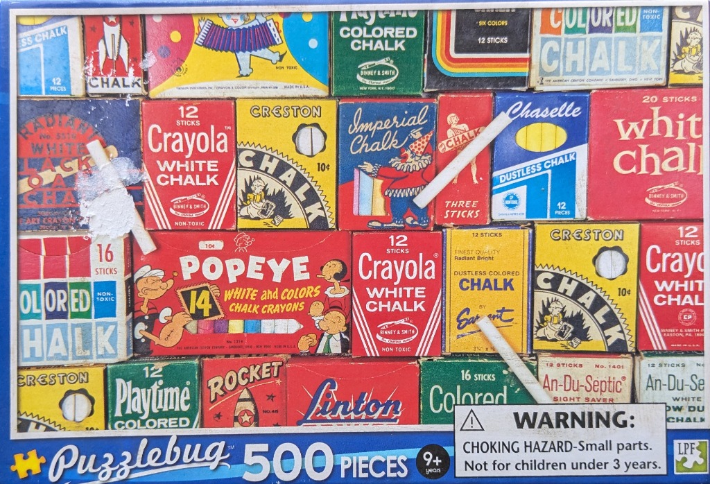 A collage of vintage colorful chalk boxes featuring retro typography and character illustrations.