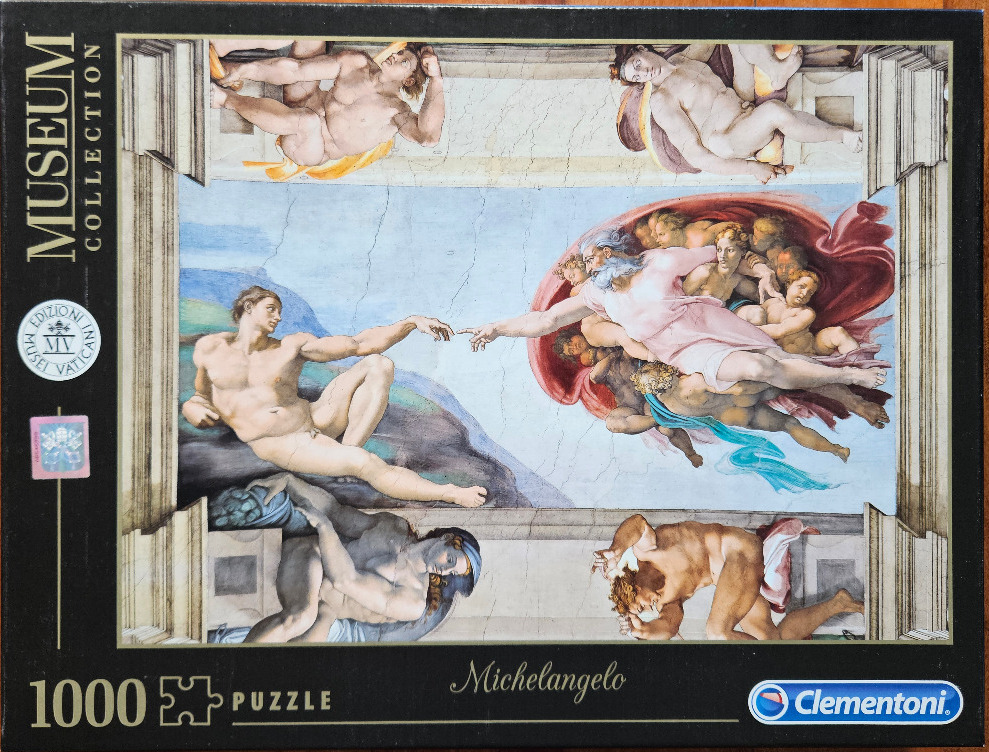The Creation of Adam by Michelangelo depicting the reaching hands of God and Adam