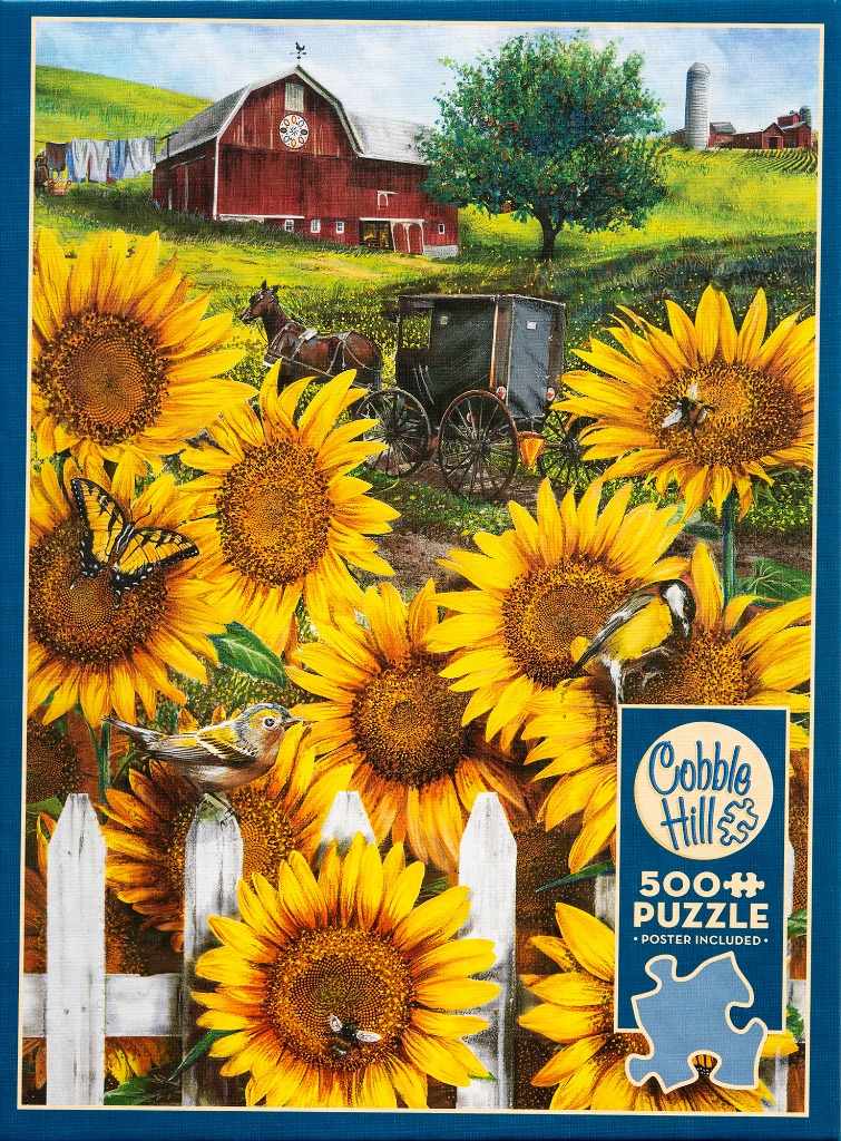 A countryside scene featuring a red barn, a horse-drawn carriage, and a foreground of vibrant sunflowers.