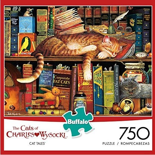 A detailed illustration of a tabby cat sleeping on a bookshelf filled with books and cat-themed trinkets.
