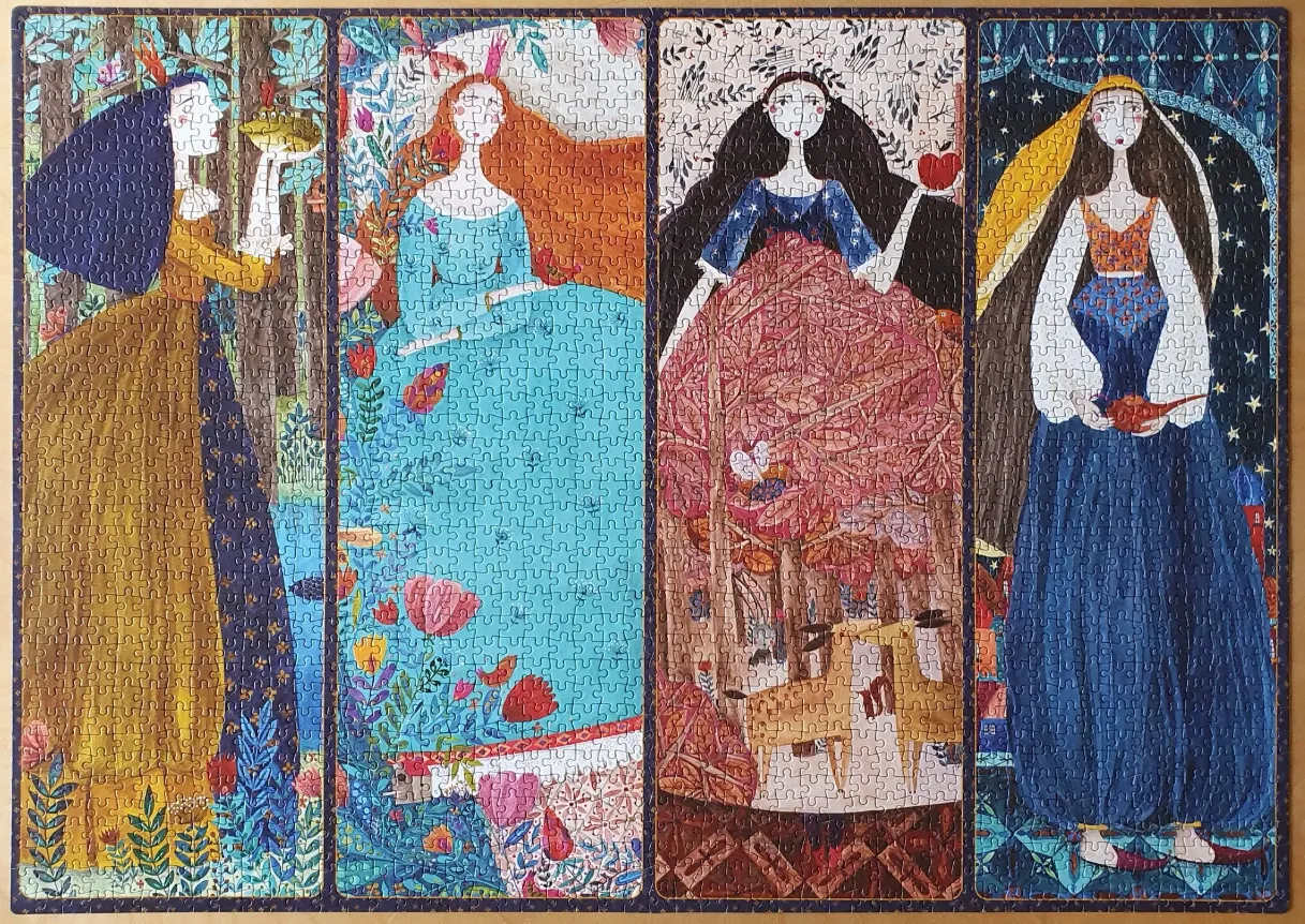 A four-panel illustration featuring stylized fairy tale princesses in woodland and magical settings.
