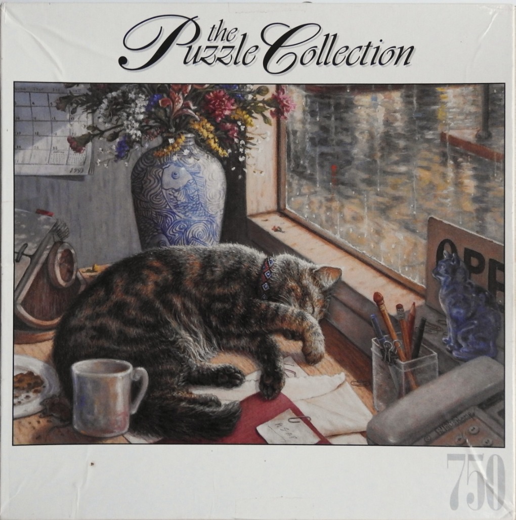 A painting of a tortoiseshell cat sleeping on a desk by a window during a rainstorm.