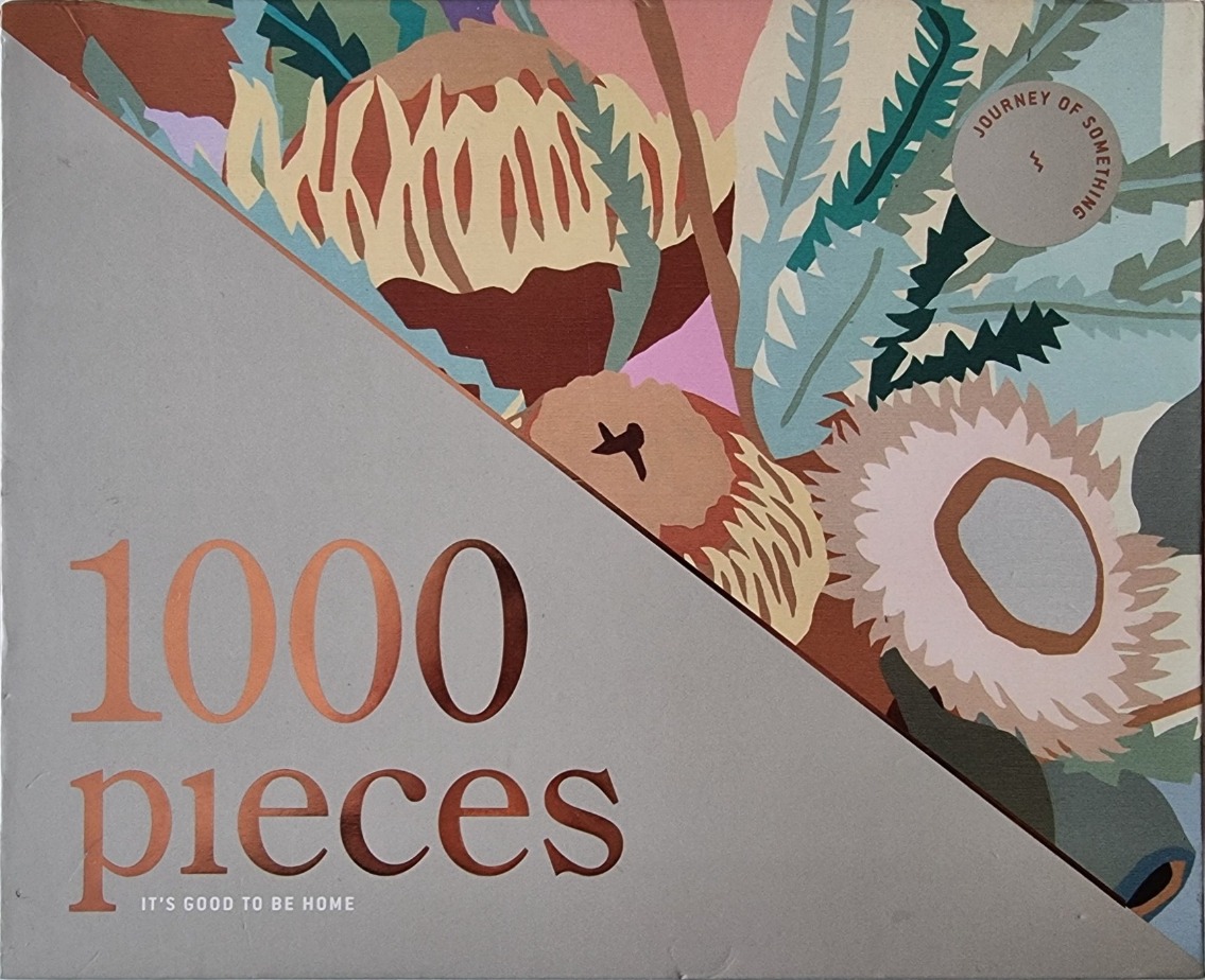 An illustration of stylized protea flowers and foliage divided by a diagonal line across a soft grey background.