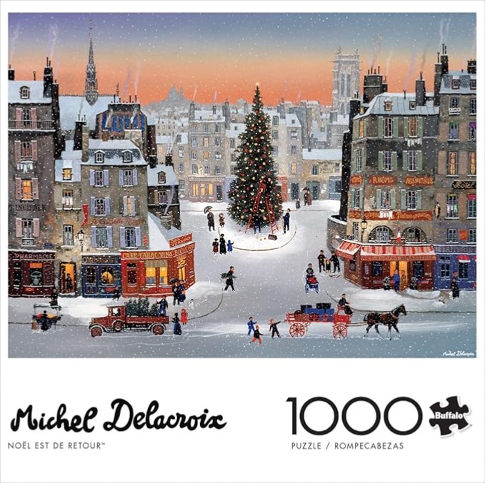 A snowy Parisian square at twilight with a central Christmas tree and horse-drawn carriage.