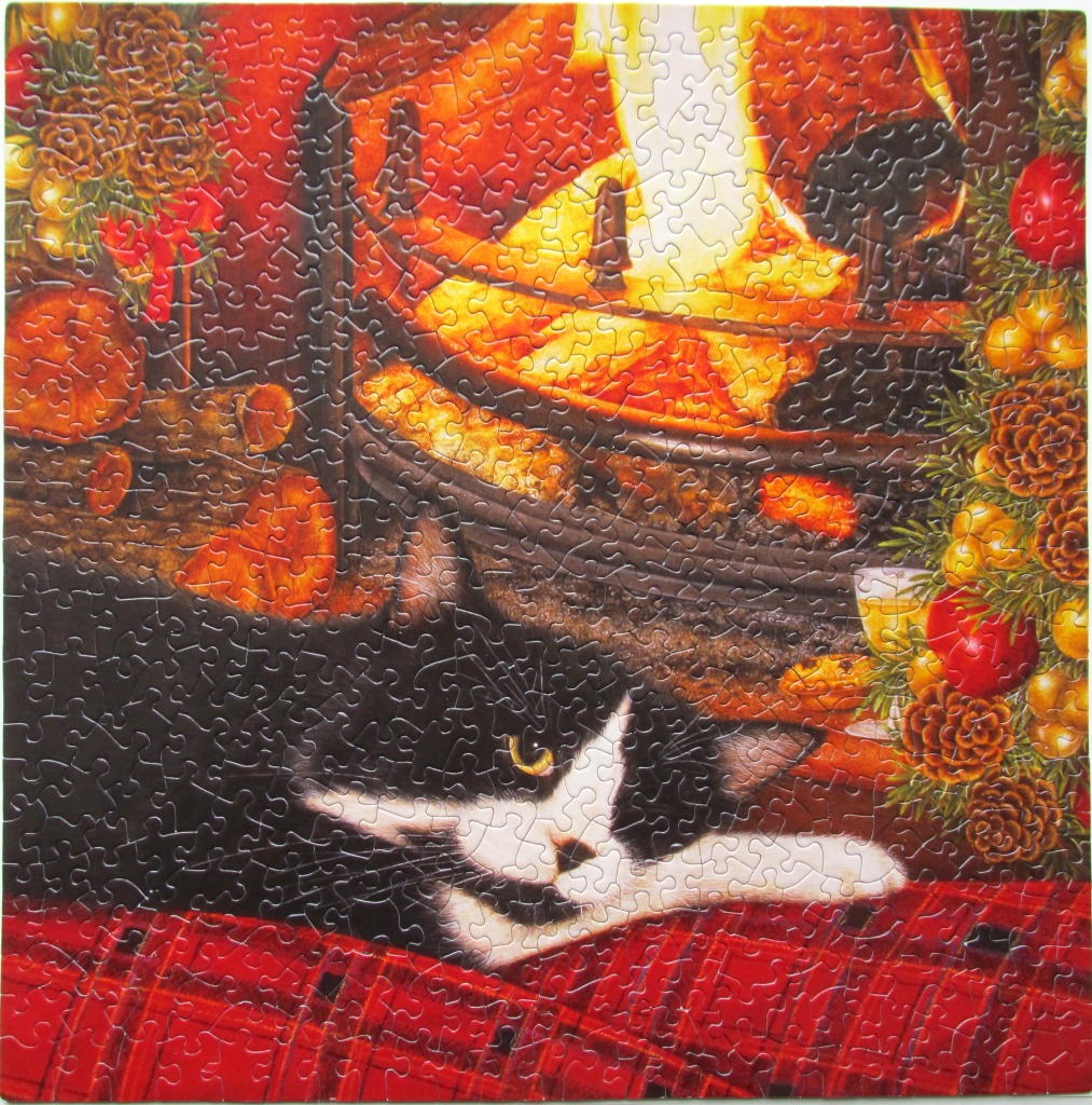 A black and white cat resting on a red plaid blanket in front of a glowing fireplace with Christmas decorations.