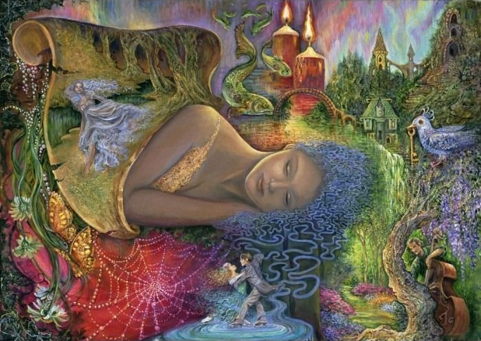 A surreal illustration of a woman dreaming, with scenes of dancers, landscapes, and magical creatures emerging from her mind.