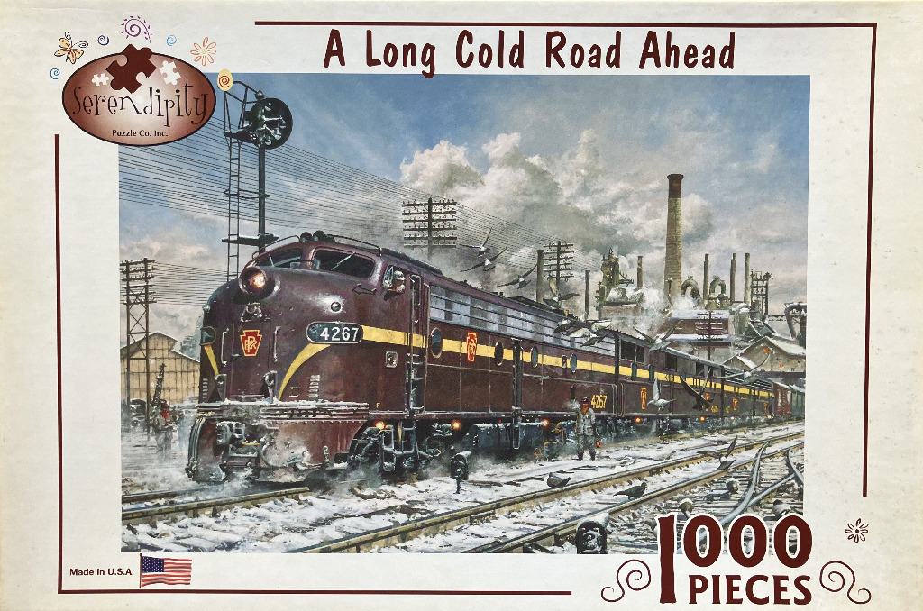 Painting of a dark red Pennsylvania Railroad locomotive idling at a snowy industrial rail yard.