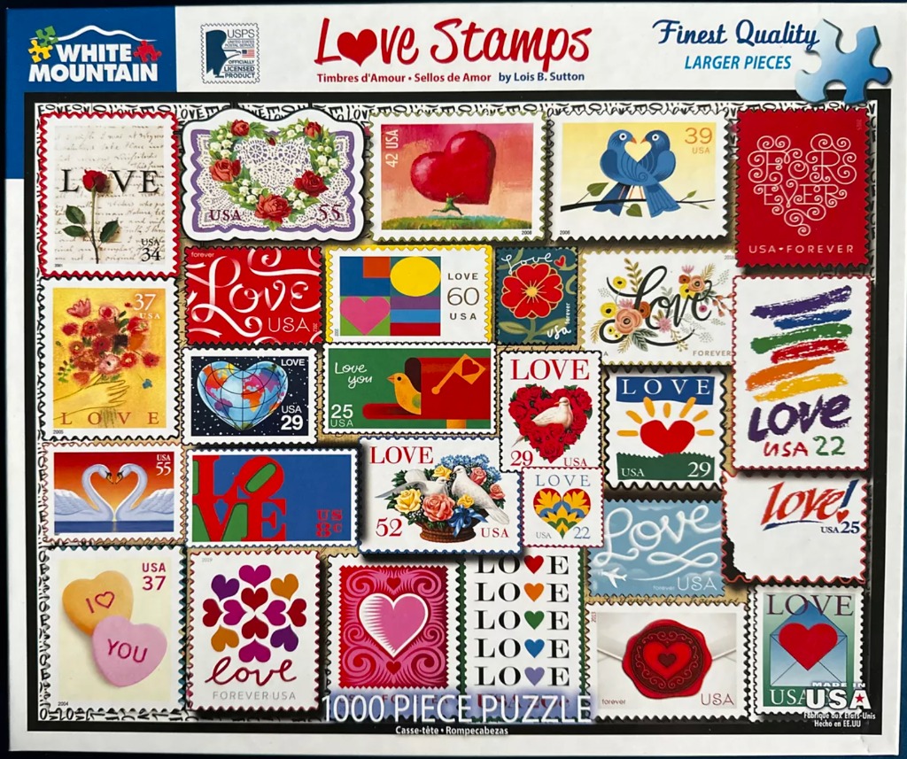 A collage of various romantic-themed postage stamps featuring hearts, flowers, birds, and the word love.