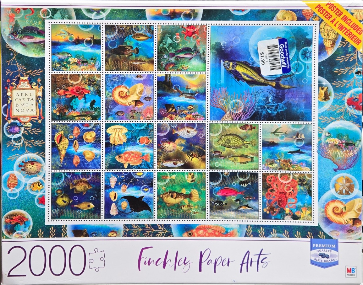 A stamp-themed collage featuring various underwater scenes of fish, seashells, and coral reefs inside transparent bubbles.