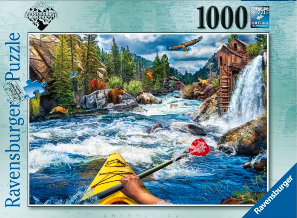 First-person view from a yellow kayak on a rushing mountain river with wildlife and a rustic wooden mill.