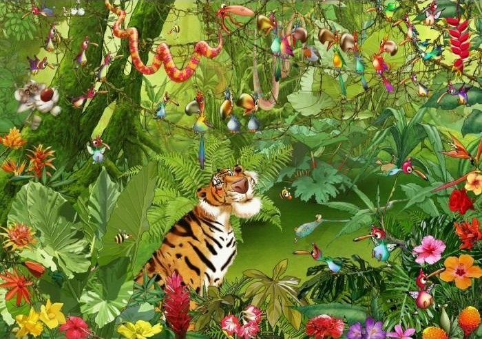 A tiger looking up in a lush jungle filled with birds, flowers, and a winding snake.