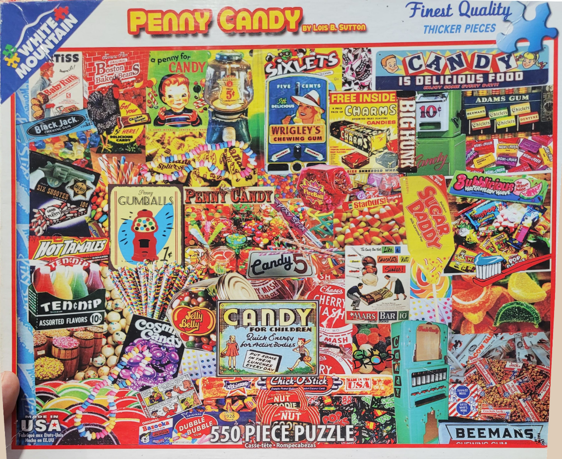 A vibrant collage of vintage candy advertisements, wrappers, and illustrations featuring iconic confectionery brands.