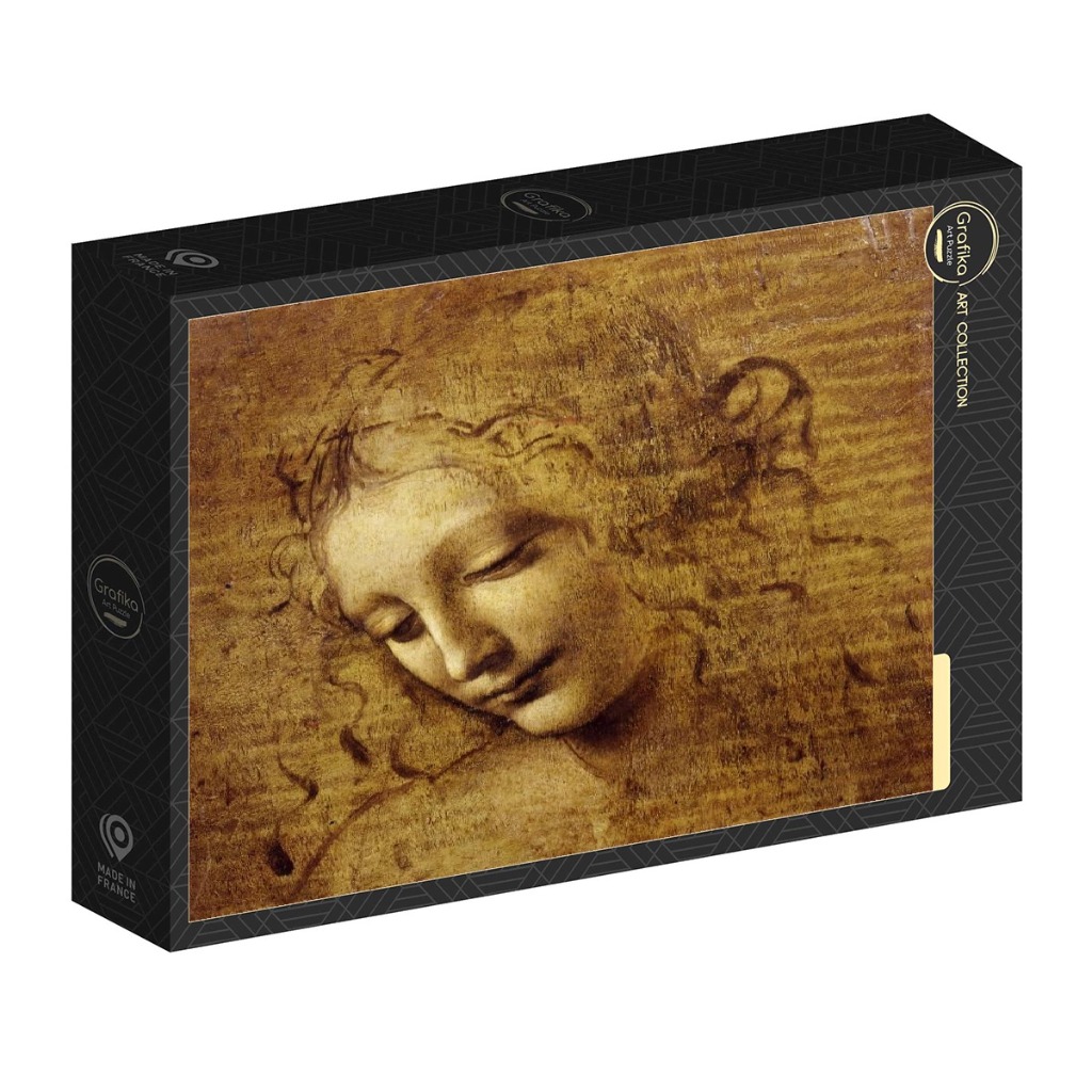 A close-up sketch of a female head by Leonardo da Vinci in sepia tones.