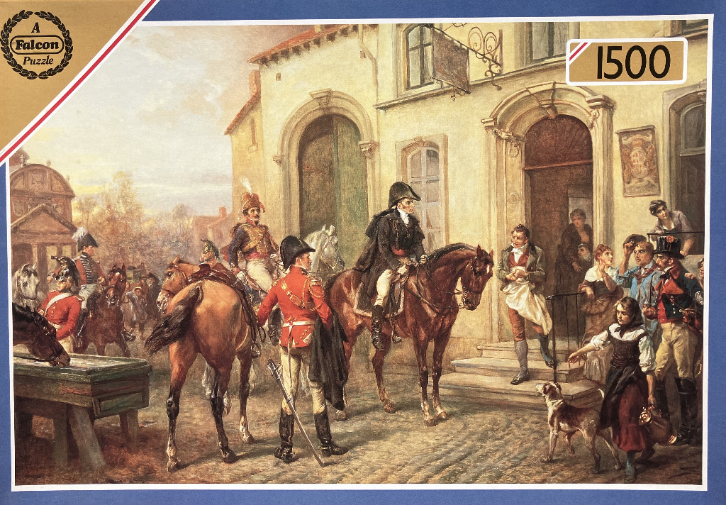 Historical painting of Napoleon Bonaparte on horseback interacting with civilians and soldiers outside a building.