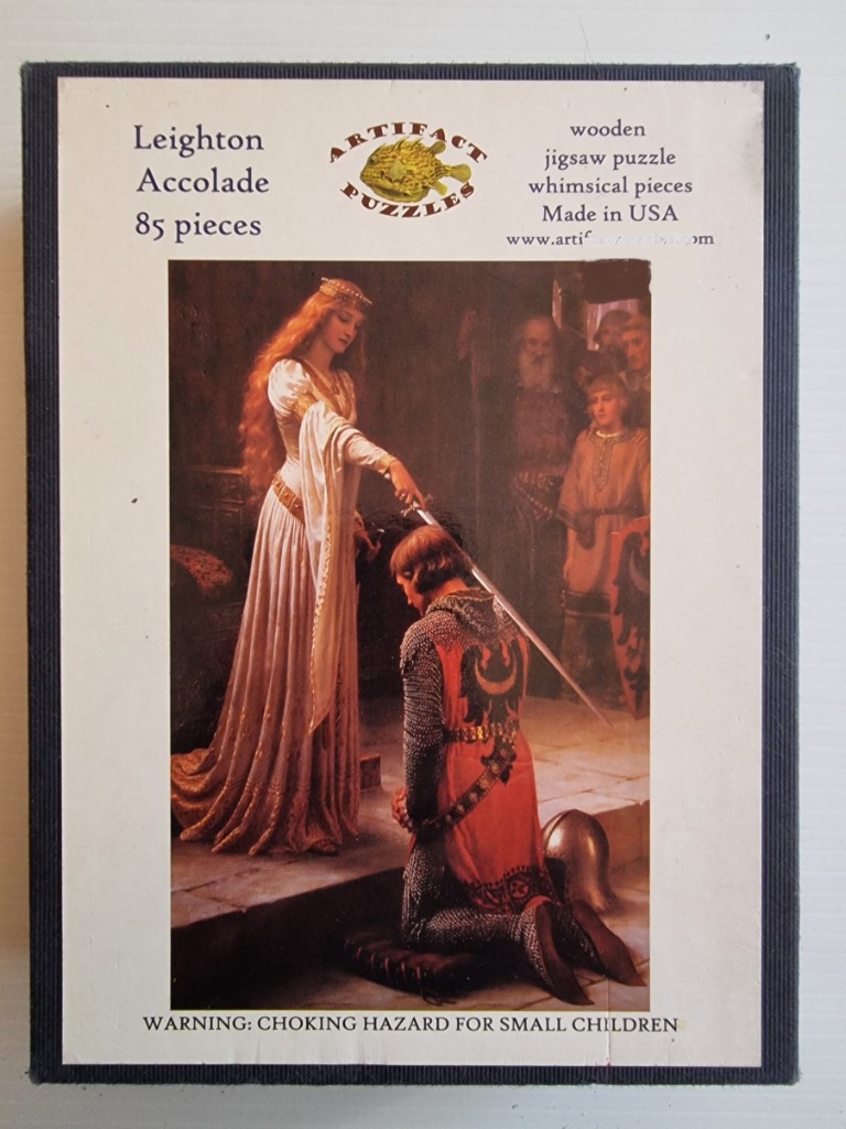 A queen in a white dress dubs a kneeling knight with a sword in a historical oil painting.