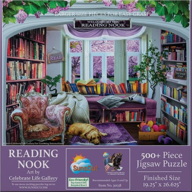 A cozy, illustrated reading nook with bookshelves, a window looking out onto pink trees, and a sleeping cat and dog.