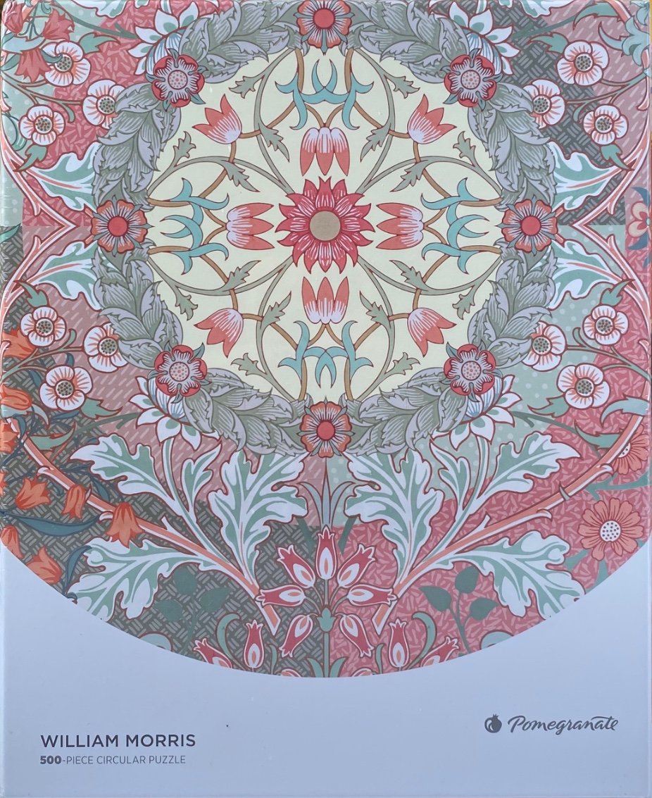 William Morris style floral mandala pattern in shades of soft pink, mint green, and cream.
