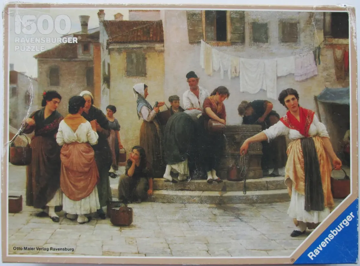 A realistic oil painting depicting a group of people gathered around a stone water well in a town square.