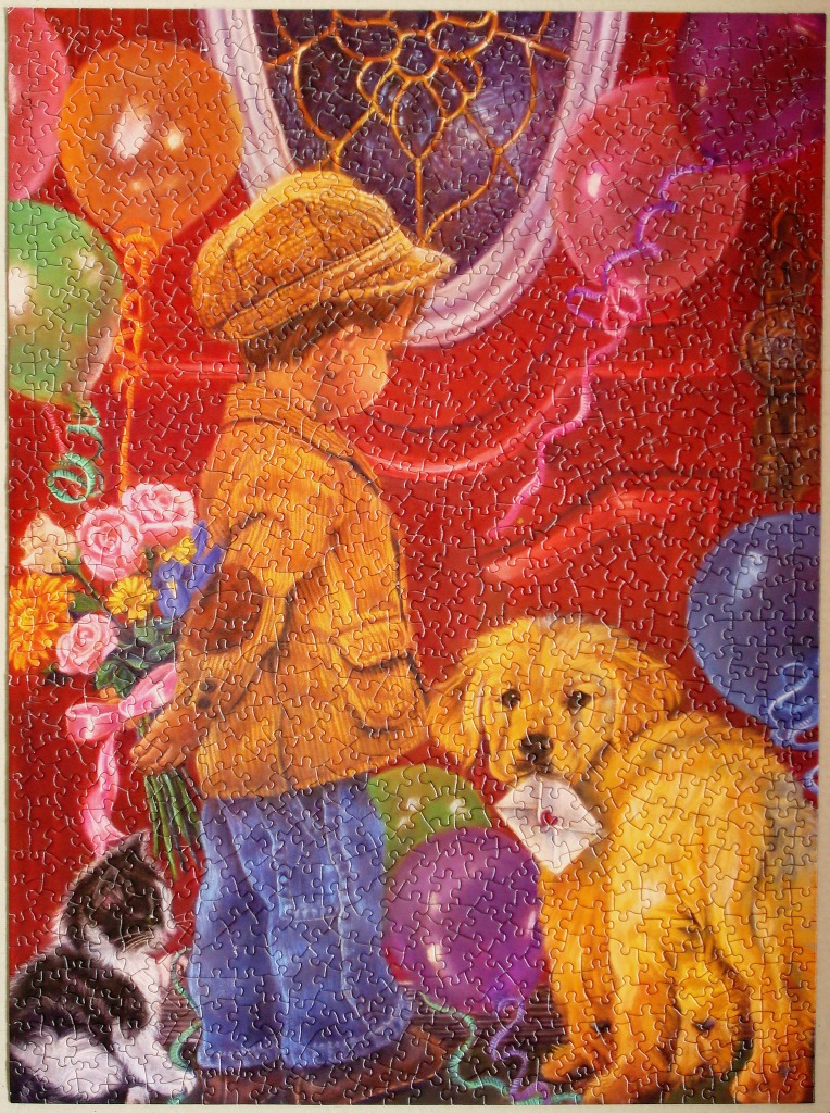 An illustration of a boy with flowers, a puppy holding a letter, and a kitten against a red balloon-filled background.