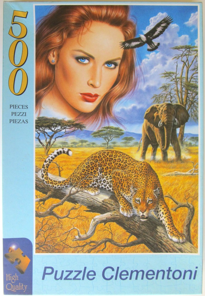 Surreal composite painting featuring a woman's face, an elephant, a leopard, and an eagle in an African savanna setting.