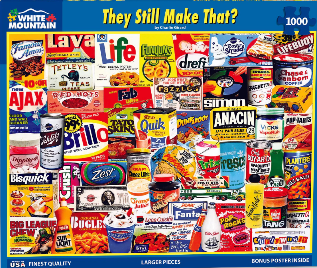 A collage of vintage American product packaging and nostalgic household brands from the 20th century.