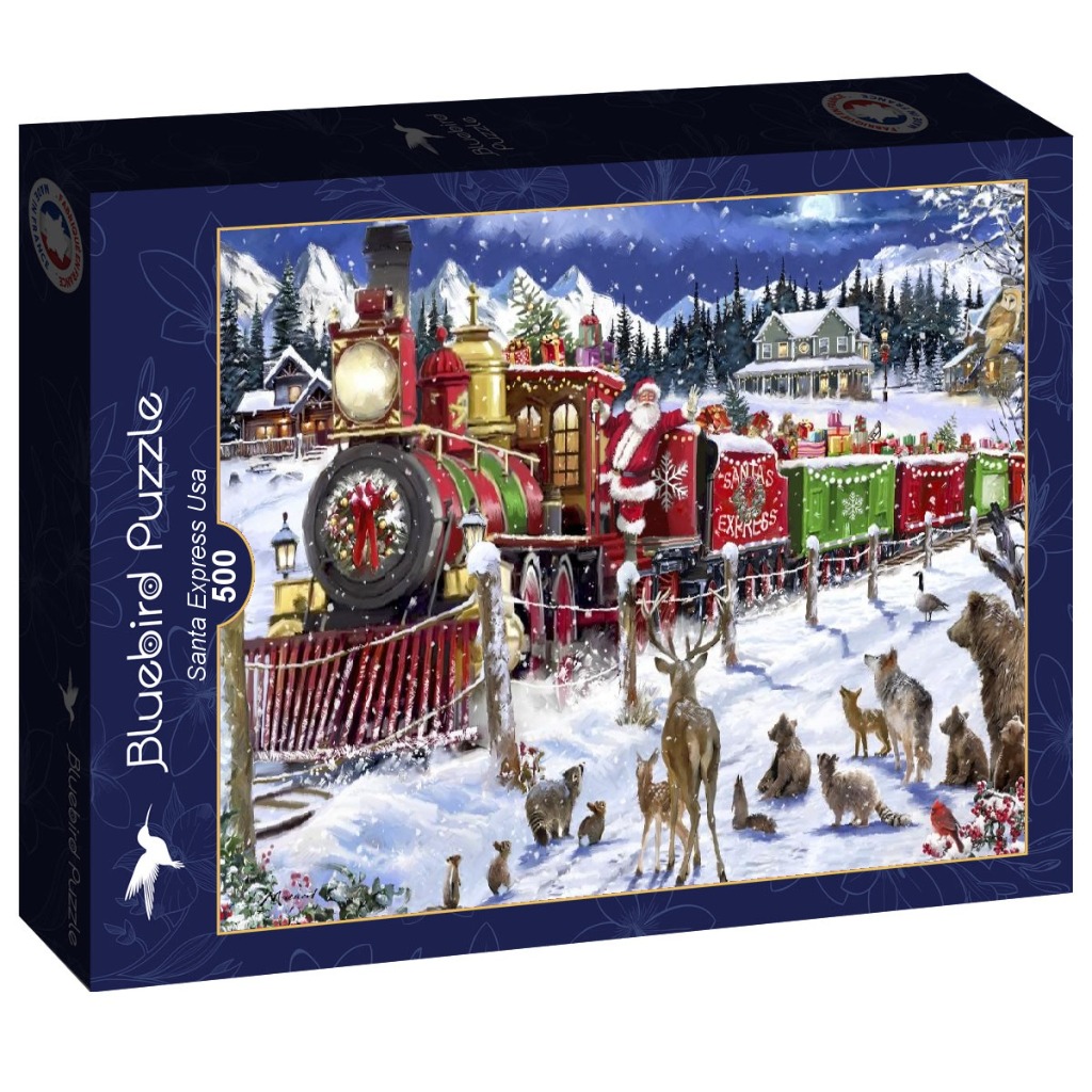 Illustration of Santa driving a colorful steam train through a snowy forest filled with wildlife.