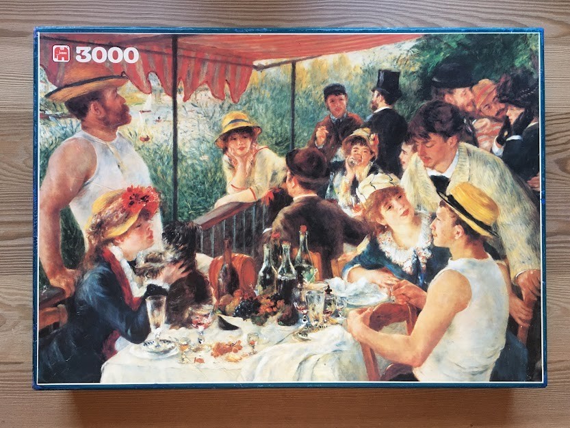 Impressionist painting of a lively luncheon scene with people gathered on a terrace.
