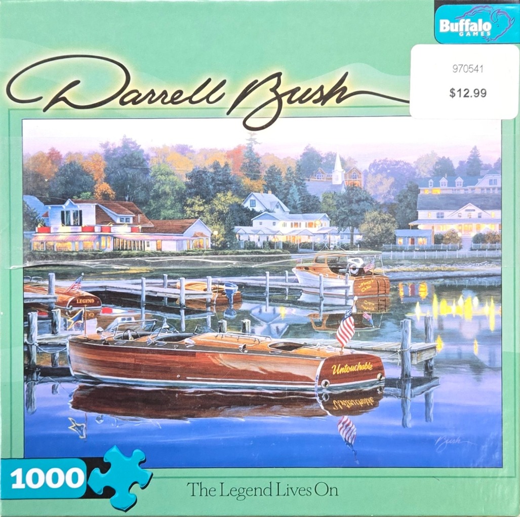 A painting of classic wooden speedboats docked at a marina in front of lakeside houses at twilight.