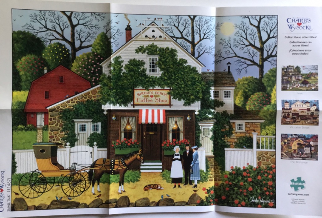 A quaint coffee shop with a horse-drawn carriage in front and three people chatting by the entrance.