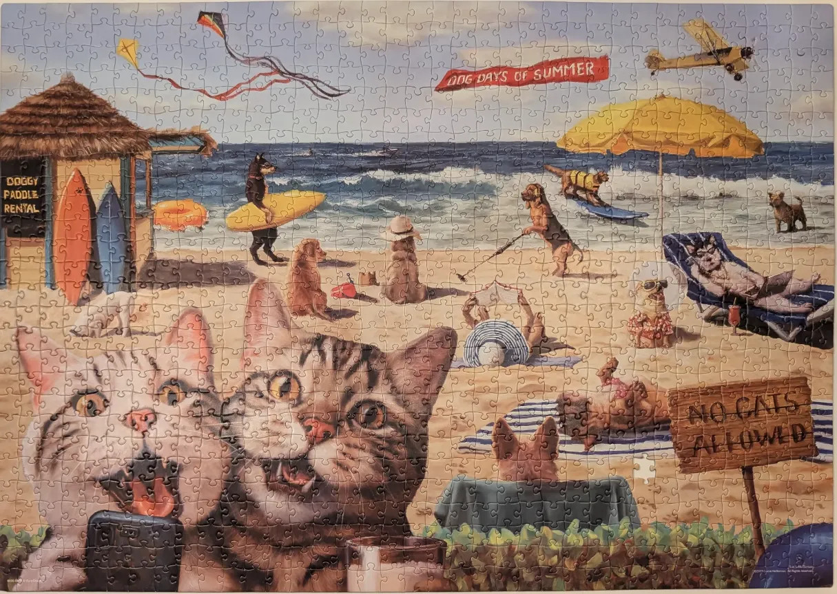 Two cats taking a selfie on a beach occupied by dogs, with a 