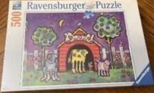 Whimsical illustration of three dogs in a backyard at night
