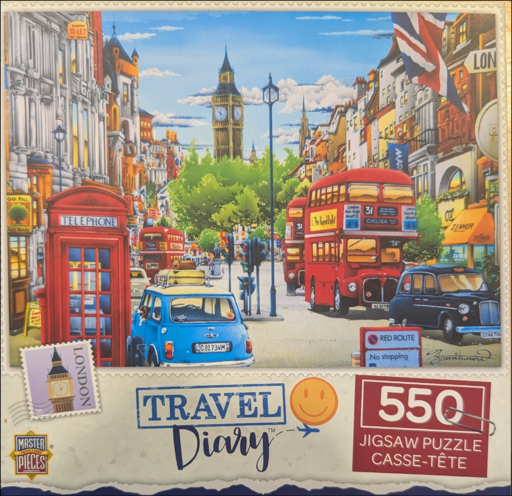 An illustration of a busy London street scene featuring a red telephone booth, double-decker buses, and Big Ben.