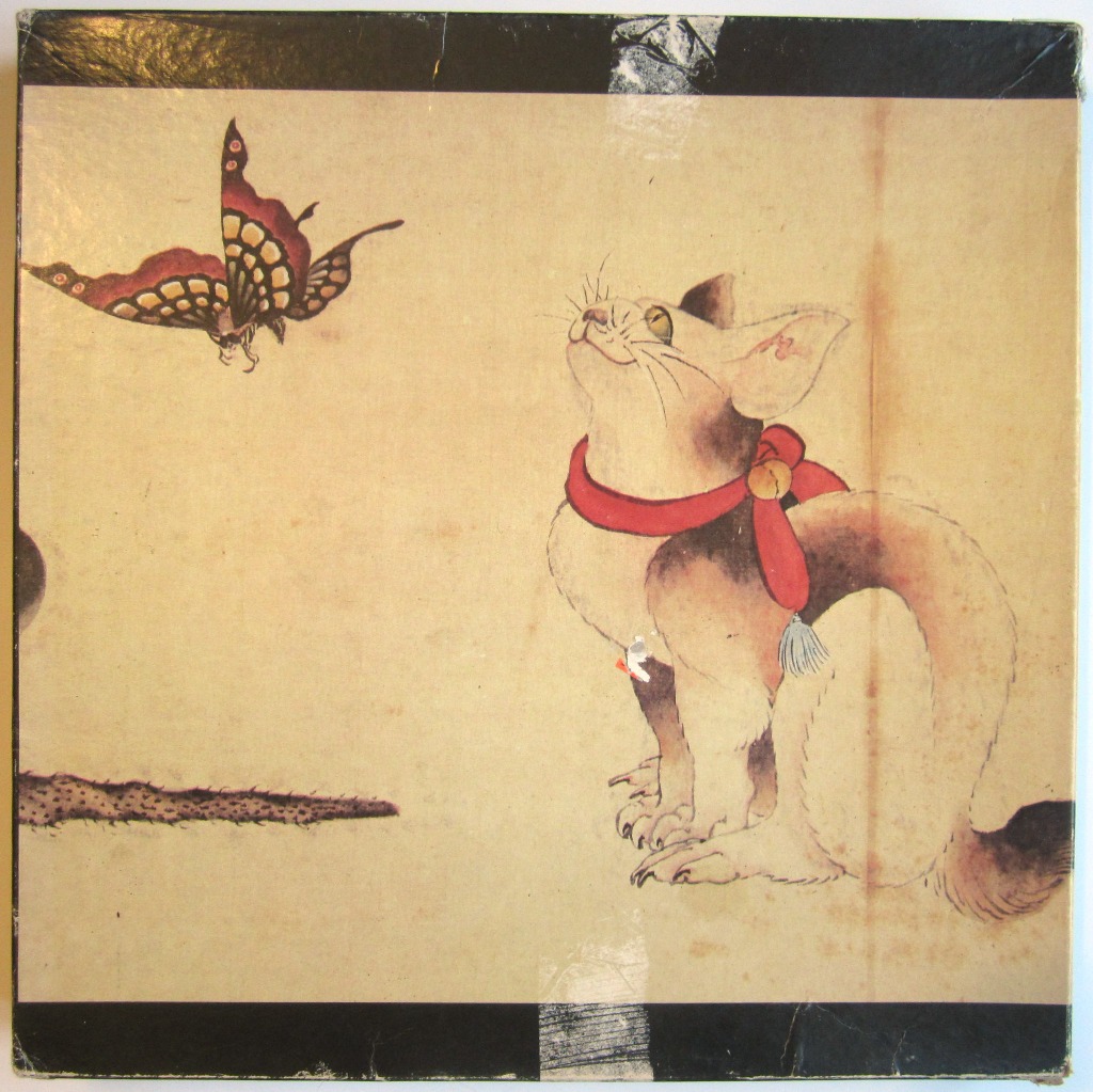 An illustration of a cat wearing a red scarf looking up at a butterfly against a plain beige background.