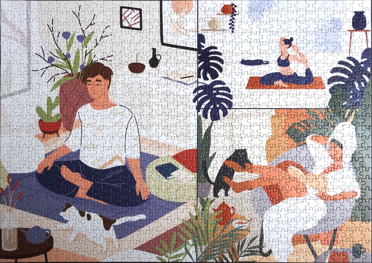 An illustration split into panels showing people relaxing, doing yoga, and spending time with their pets.
