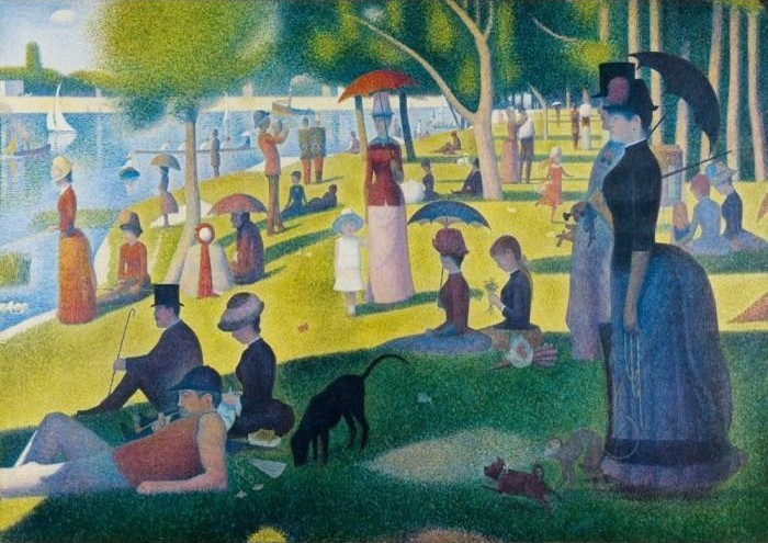 A pointillist scene showing many people relaxing in a park by the river.